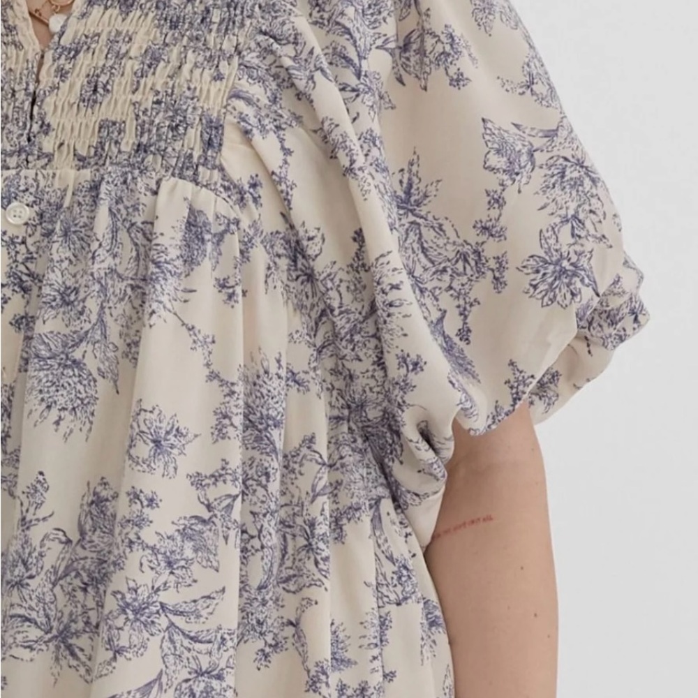 Entro Blue/Ivory Floral Toile Midi Dress, Size Medium - Picture 5 of 8